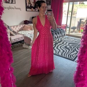 Lulu's Pink Sleeveless Cutout Maxi Summer Dress with Silver Polka Dots Large